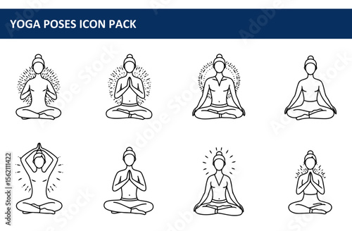 Yoga poses of women in various meditative postures with radiating light. Female figures in simple clothing, seated in yoga positions, displaying different poses with radiating light symbols.
