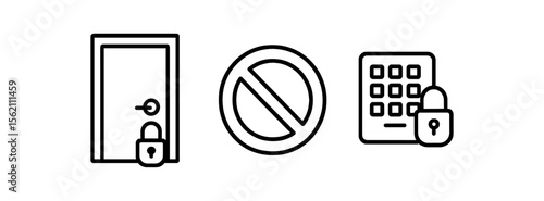 Security icons: locked door, prohibited sign, secure keypad with locks vector icon isolated illustration