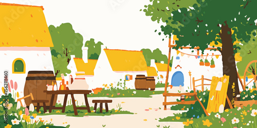 A charming village scene captures the essence of idyllic rural life with thatched roofs, blooming flowers, and a sense of tranquility and simple living.