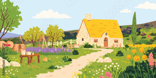 Charming cottage with thatched roof nestled in vibrant garden, winding path leading to idyllic home.