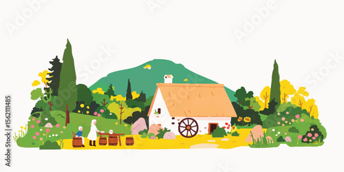 idyllic rural scene, charming cottage, picturesque landscape, whimsical illustration, countryside living, peaceful setting, tranquil environment, watermill, flower garden, rolling hills, green hills.