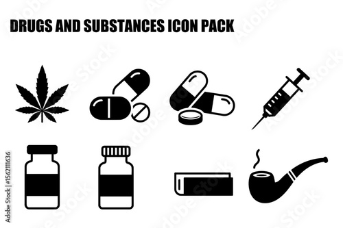 Drug and substance icons in various forms, including pills, marijuana, a syringe, and a pipe, displayed in a simple, flat design.