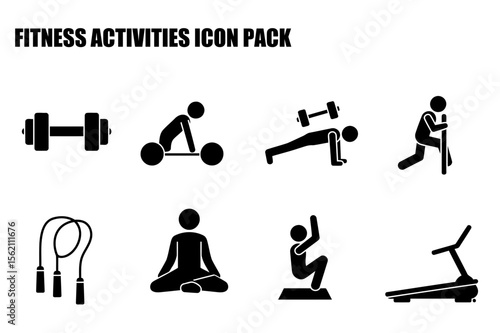 Fitness activities icon pack showing various exercises and equipment. Generic fitness activities in a simple, black and white icon style.