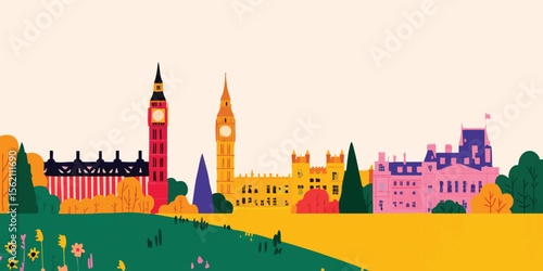 A vibrant illustration of iconic landmarks presents a stylized cityscape in an eye-catching palette, offering a playful take on urban scenery.