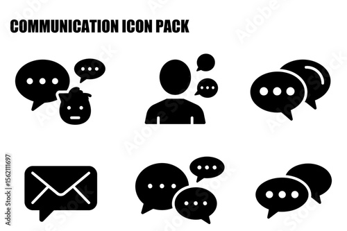 Communication icons set, various communication methods, featuring dialogue, email, and interpersonal interactions. Simple, modern, black and white icons for communication.
