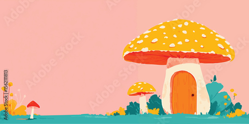 A whimsical mushroom house illustration, perfect for children's content or fantasy themes. This charming illustration depicts a vibrant mushroom house against a soft backdrop.