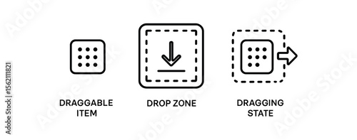 Draggable item, drop zone, dragging state icons in ui design vector icon isolated illustration