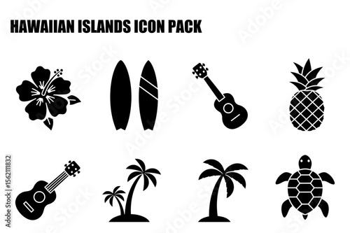 Hawaiian Islands icon pack featuring hibiscus flower, surfboards, ukulele, pineapple, palm trees, and sea turtle. Simple black silhouettes of popular Hawaiian tourist icons.