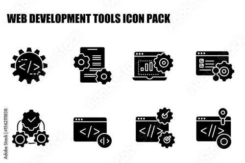 Web development tools icons in a simplified style. Set of vector graphic icons for web design and development, showing tools and functions in a modern design.
