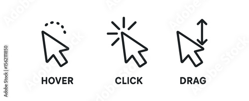 Computer mouse icon set: hover, click, drag vector icon isolated illustration