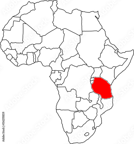 Tanzania map, map of the African continent highlighting the country of Tanzania

