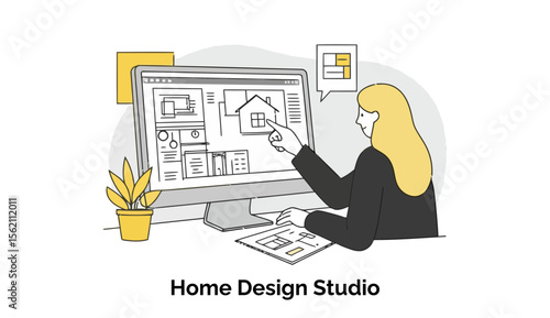 Female home designer in business attire pointing at a home design on a computer screen in a home design studio. Female architect working on project in modern office setting.