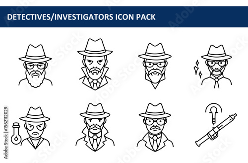 Line art illustrations of detectives/investigators in various poses and situations.