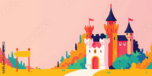 A charming fairytale illustration features a majestic castle, nestled amidst a picturesque landscape, with vibrant colors and whimsical details. 