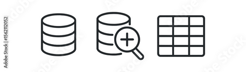 Database icon set with storage, search, and table symbols vector icon isolated illustration