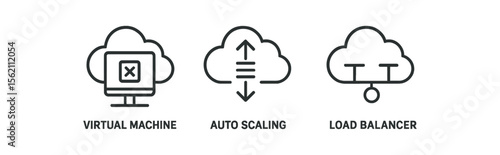Cloud computing icons: virtual machine, auto scaling, load balancer vector icon isolated illustration