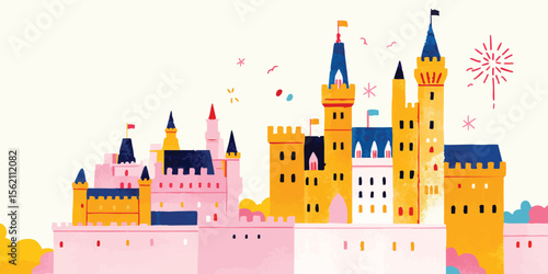 A fairytale kingdom castle with a delightful display of fireworks. A whimsical scene capturing imagination and fantasy. 