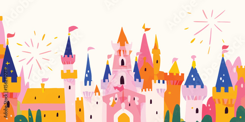 An enchanting cityscape bursts forth with fairytale charm, a vibrant tapestry of fanciful buildings and dazzling fireworks in a picturesque wonderland, celebrating architecture and festivities. 