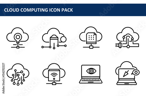 Cloud computing icons featuring various functionalities in a simple, clean design. Linear illustrations of cloud-based data storage, network connections, security, and processing.