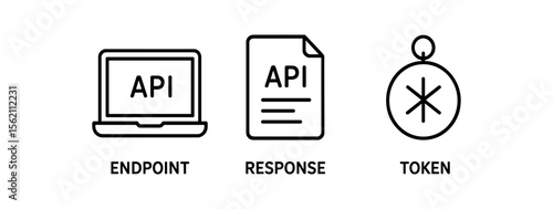 Api symbols: endpoint, response, and token icons on gray background vector icon isolated illustration