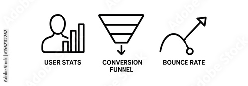 User stats, conversion funnel, bounce rate interface icons on gray background vector icon isolated illustration