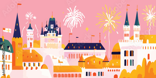 A lively cityscape at dusk comes alive with fireworks, offering a vibrant, eye-catching skyline with stunning detail. This illustration embodies celebration and wonder.