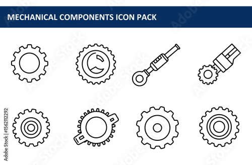 Mechanical components icon set with various gear types and tools. Simple line drawings with no shading or color on a plain white background.