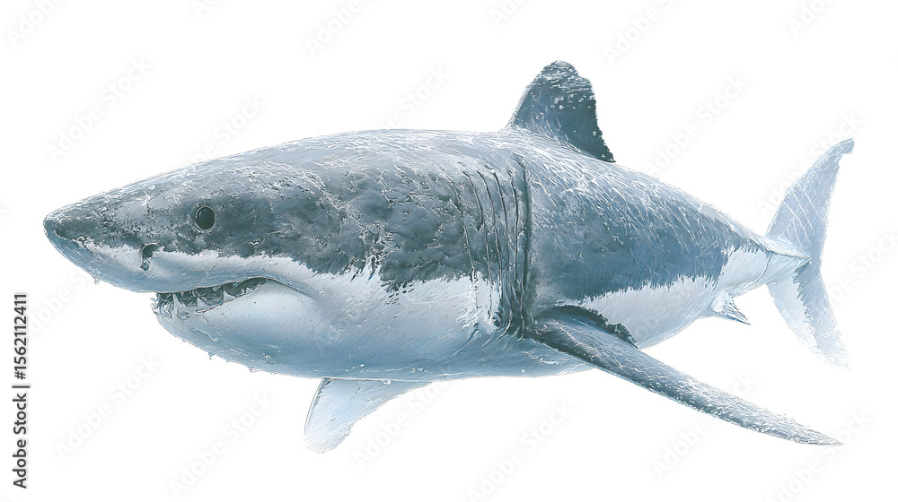 Fototapeta premium A dramatic illustration of a great white shark mid-swim, its sleek gray body and white underside highlighted by sharp details and its powerful jaws slightly open.