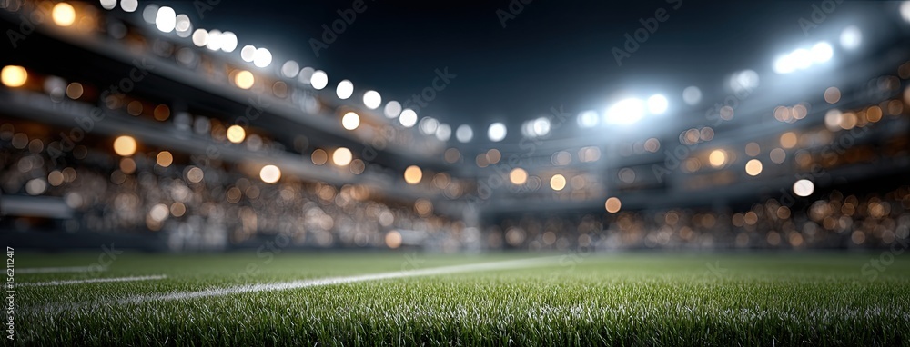 Naklejka premium Bright stadium lights shine down on an American football field marked with white lines during a nighttime event