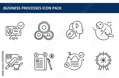 Business process icons depicting various work stages in a flat line art style. Collection of simple, clear icons for professional use across multiple platforms.