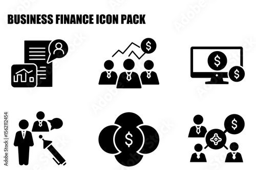 Business finance icons depicting various professional actions and interactions. Teamwork and data analysis in a business context.