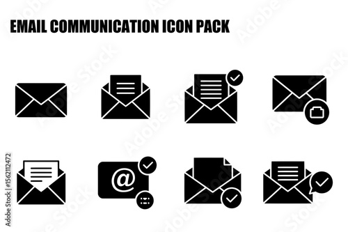 Email communication icons displaying various actions. Simple black and white email icons set on a white background.