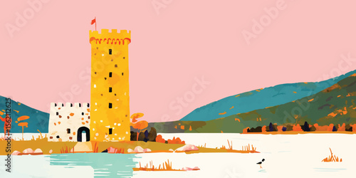 An illustration of a majestic castle, rising proudly on the shore, bathed in soft sunlight and vibrant hues, evoking a sense of timeless beauty and historical grandeur.