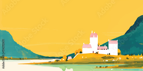 A historical castle illustration atop a hill overlooking serene body of water, bathed in warm color tone .