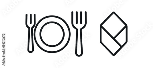 Black outline of dishware with forks and abstract geometric shape on grey background vector icon isolated illustration