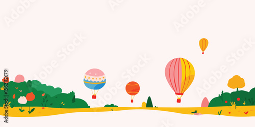 Colorful hot air balloons float gently over a vibrant landscape, creating a whimsical and idyllic scene.