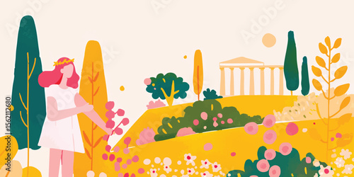 A beautiful digital painting captures a young woman in a garden with Greek architecture, in a serene and timeless artwork. 