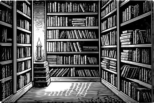 intimate bookshop corner with stacked shelves, rolling ladder and drowsy cat, great for literary blogs, café menus, cozy posters or notebook covers, a black and white line art illustration