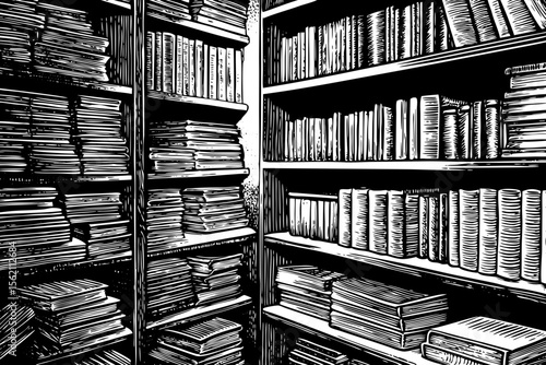 intimate bookshop corner with stacked shelves, rolling ladder and drowsy cat, great for literary blogs, café menus, cozy posters or notebook covers, a black and white line art illustration