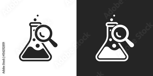 Science experiment laboratory flask with magnifying glass for research and chemistry icon vector