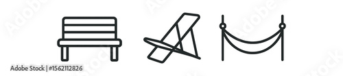 Minimalist bench, chair, and rope barrier icons on gray background vector icon isolated illustration