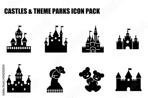 Black and white silhouette icons of various castles and theme park elements. Silhouette images of castles and theme park attractions against a white background.