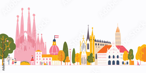 A vibrant cartoon cityscape that embodies a panorama of architectural wonder. The iconic buildings and charming, minimalist design of the city create an atmosphere of artistry and visual storytelling.