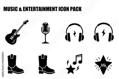 Music & Entertainment Icon Pack. Black and White Silhouette Icons for Music Industry Professionals and Enthusiasts in a Studio Setting.