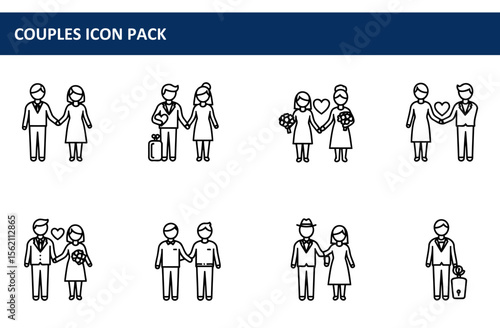 Diverse couples in various attire and poses.