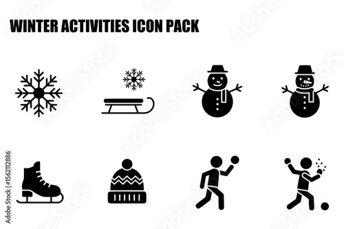 Winter activity icons depicting various wintertime fun. Simple black and white illustrations of common winter activities with a white background.