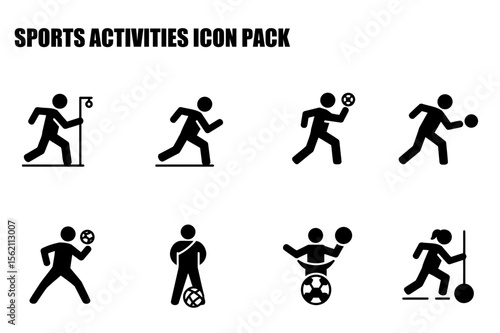 Sports activities icon pack depicting diverse athletic action in various sports. Simplified figures engaged in running, carrying a ball, and using equipment.