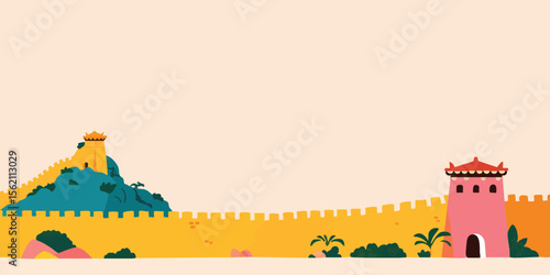A stylized illustration of a majestic ancient wall, possibly inspired by the Great Wall, winds across a landscape, featuring watchtowers and lush greenery. This image offers a serene.