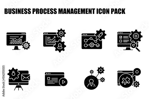 Business process management icons in black and white. Collection of process management icons in various stages.