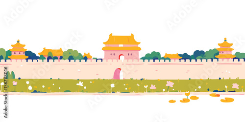 A picturesque depiction of ancient fortification and architectural grandeur. Showcasing a vibrant illustration of cultural richness and historical significance.